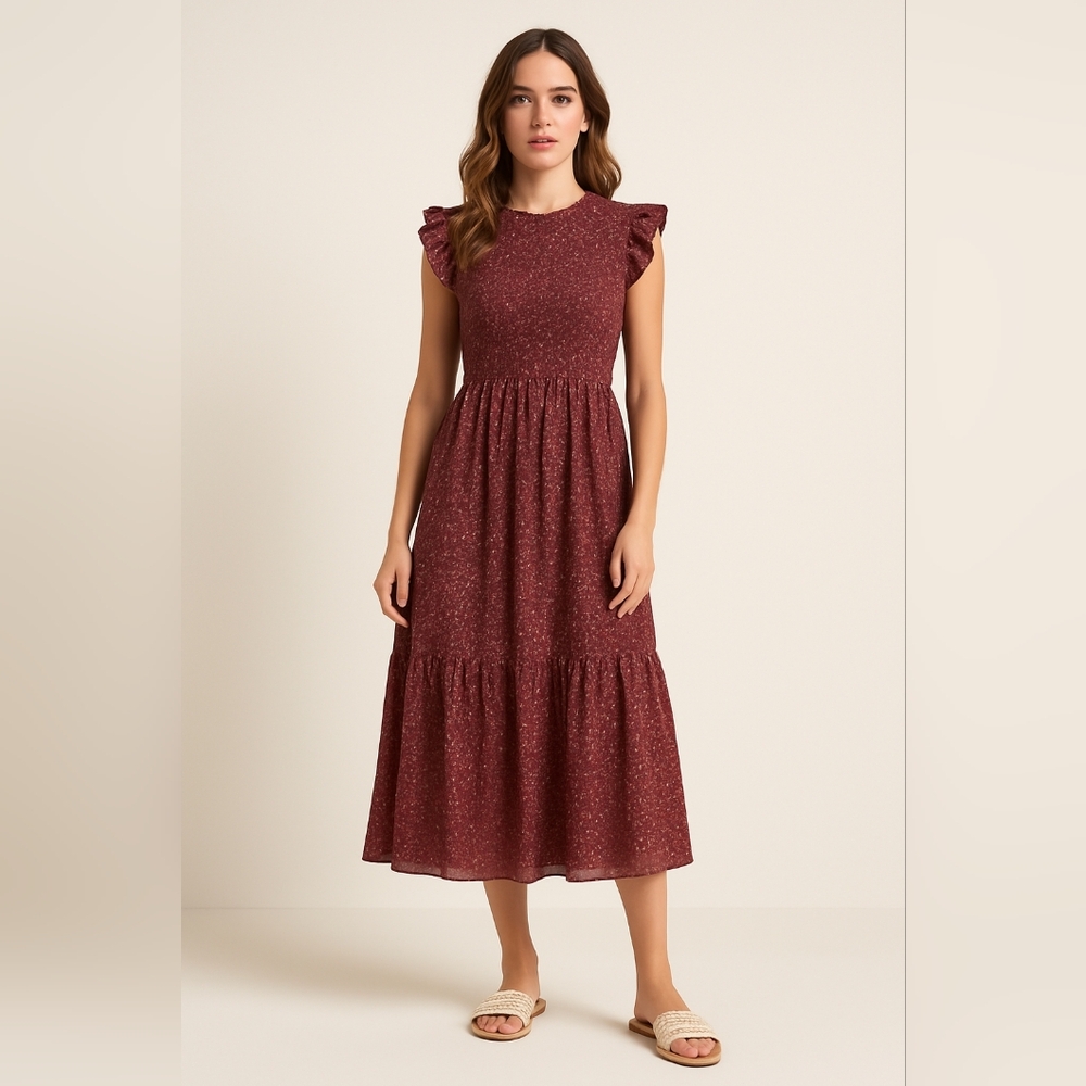 Zunie Smocked Floral Midi Dress | Juniors 14 - Fits Women’s XS–S | Wine Berry